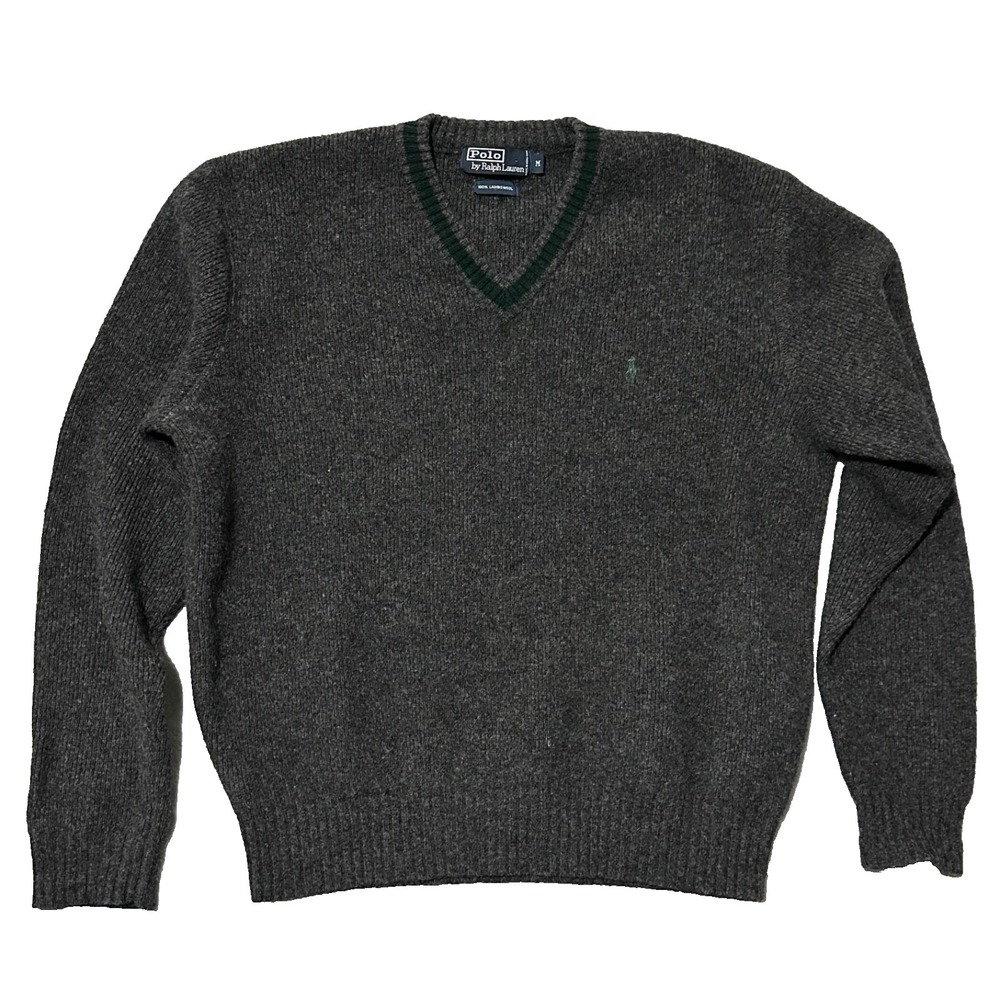 Vintage Ralph Lauren Polo Mens M Sweater 100% Lambs Wool V Neck Gray Green